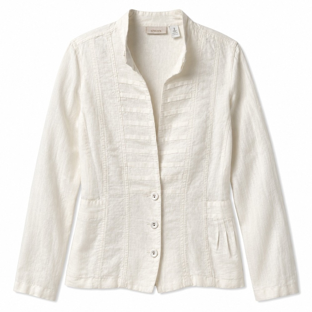 CHICO'S 100% Linen Military Style Jacket Sz 2 White Utility Pleats Grunge Y2K